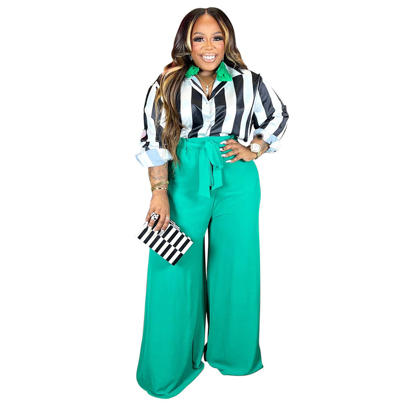 Fashionable Striped Printed Shirt And Elegant Wide-Leg Pants Wholesale Womens 2 Piece Sets N3823100900057