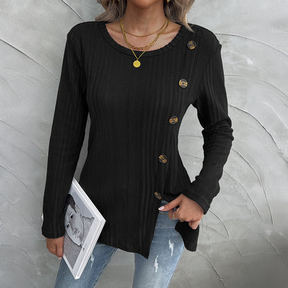 Round Neck Split Button Long Sleeve Tops Wholesale Womens Clothing N3824071500007