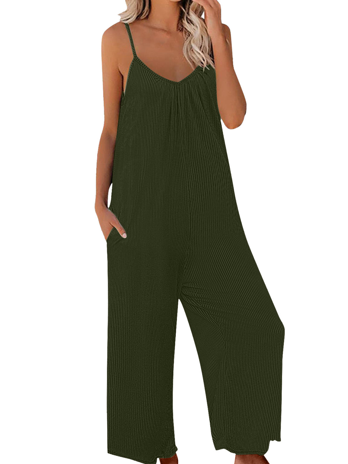 Solid Color Ribbed Pocket Loose Casual Sling Jumpsuit Wholesale Womens Clothing N3824052000017