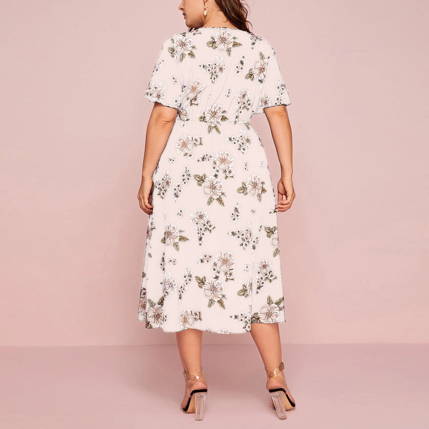 Plus Size Women's Floral Printed V-Neck Waist Dress Wholesale Plus Size Womens Clothing N3824052500007