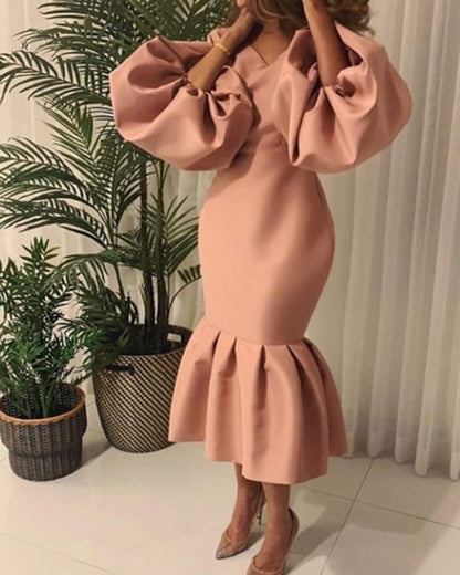 Fashion Solid Color V-Neck Bubble Long Sleeve Fishtail Dress Wholesale Dresses