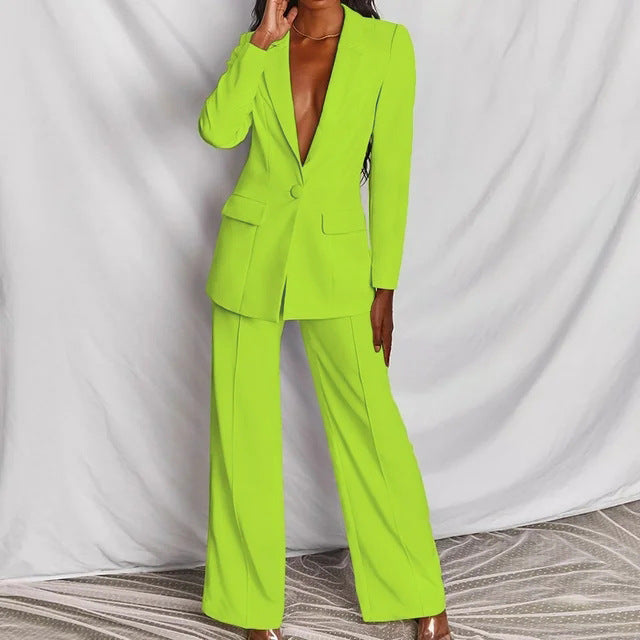 Solid Color Suit Blazer Wide Leg Pants Two Piece Set Wholesale Womens Clothing N3824080500013