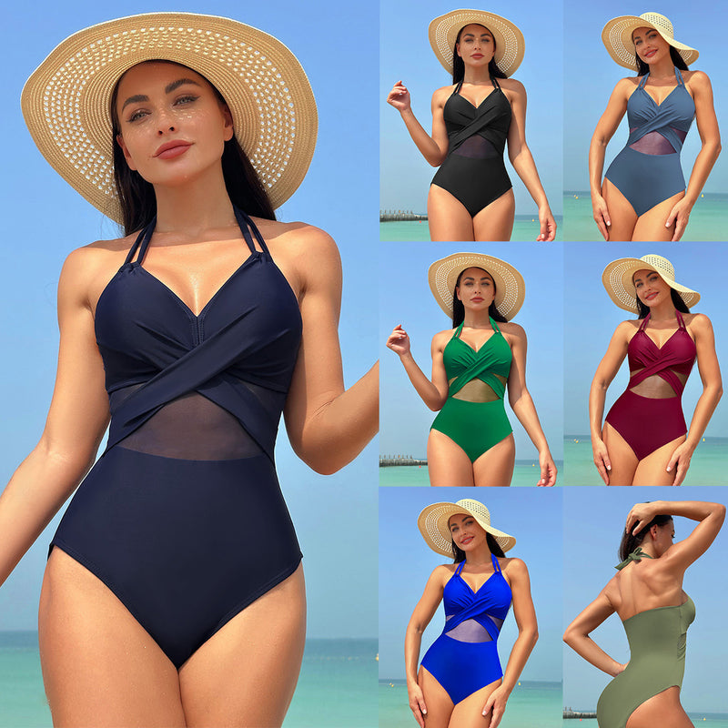 Women's Solid Color Mesh Halter Neck Deep V One-piece Swimsuit Wholesale Womens Clothing N3824012000008