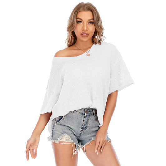 Casual Waffle Knit V-Neck Loose Short-Sleeved T-Shirt Wholesale Womens Tops