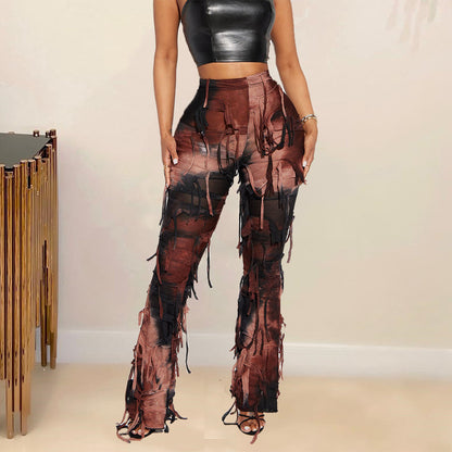 Fashion Tie-Dye Tassel High Waist Slim Fit Pants Wholesale Womens Clothing N3824083000017