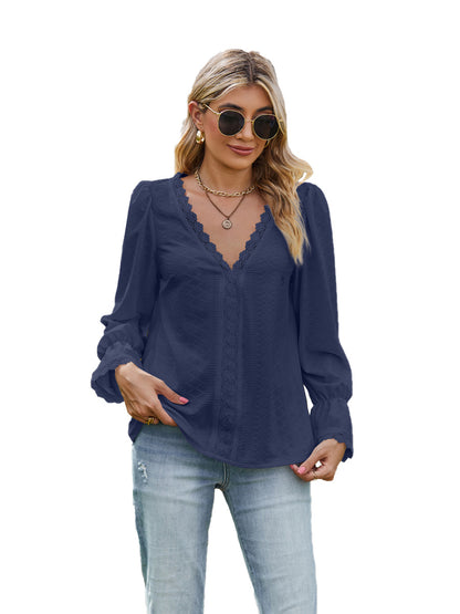 Solid Color V-Neck Patchwork Lace Long Sleeve T-Shirts Wholesale Womens Clothing N3824082300056