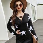 Casual Five-Star Jacquard Sweater Drawstring Pullover Knit Wholesale Womens Clothing N3823110200032
