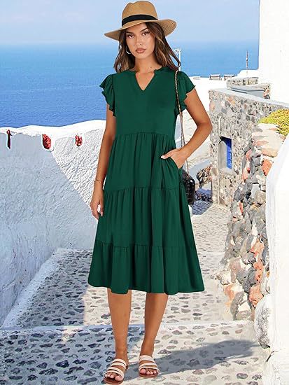 V-Neck Lotus Leaf Sleeve Patchwork Large Swing Pocket Midi Dresses Wholesale Womens Clothing N3824070900014