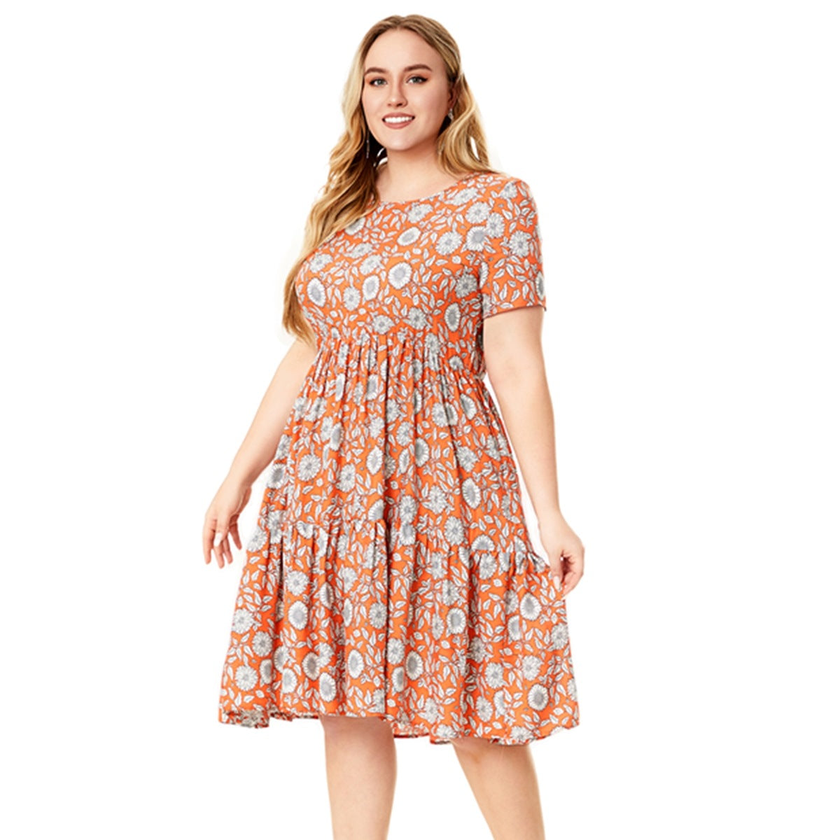 Plus Size Round Neck Short Sleeve Floral Printed Viscose Dresses Wholesale Womens Clothing N3824080300041