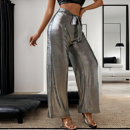 Metallic Straight Pants With Belt Wholesale Womens Clothing N3824050700030