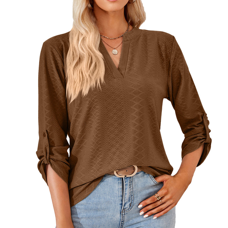 V-Neck Solid Button Long-Sleeved Loose T-Shirt Tops Wholesale Womens Clothing N3823112800042