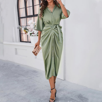 Elegant Solid Color Belted Waist Dress Wholesale Womens Clothing N3824022600014