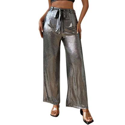 Metallic Straight Pants With Belt Wholesale Womens Clothing N3824050700030