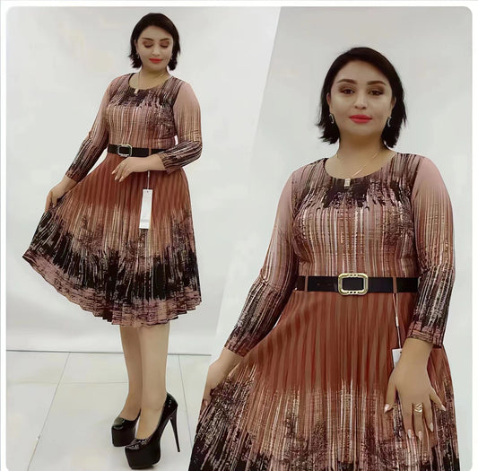 Long Sleeve Pleated Dress Graphic Striped Print Wholesale Plus Size Casual Dresses N3823102000148