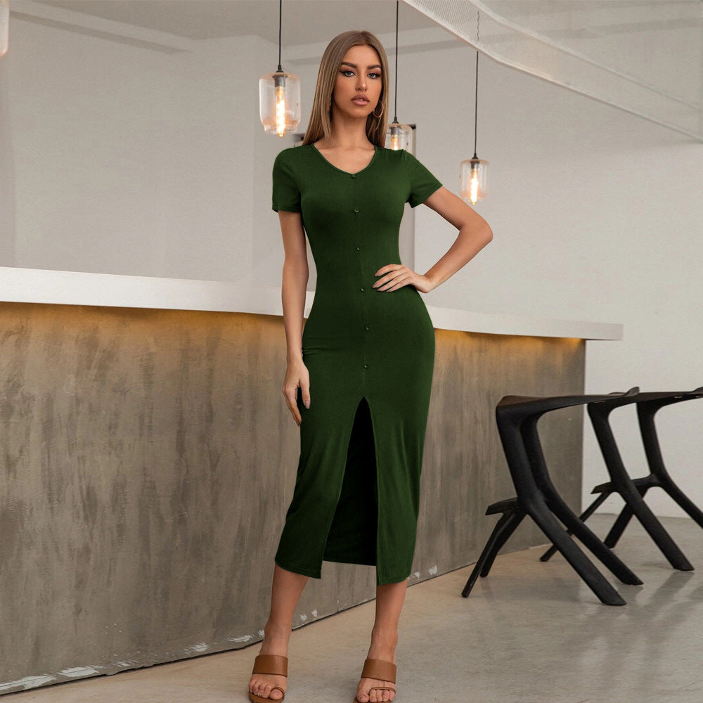 Sexy Slim Split Button Down Pullover Knit Midi Dress Wholesale Dresses