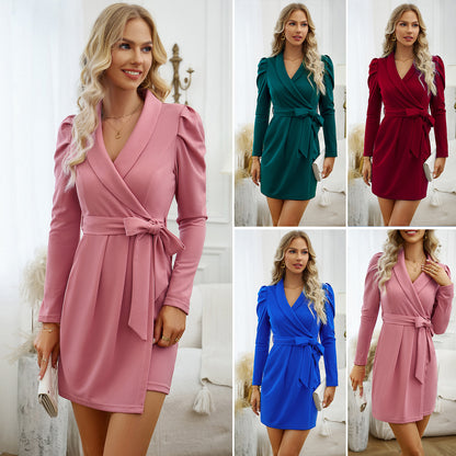 Elegant Long Sleeve V Neck Tie Waist Short Package Hip Dresses Wholesale Dresses