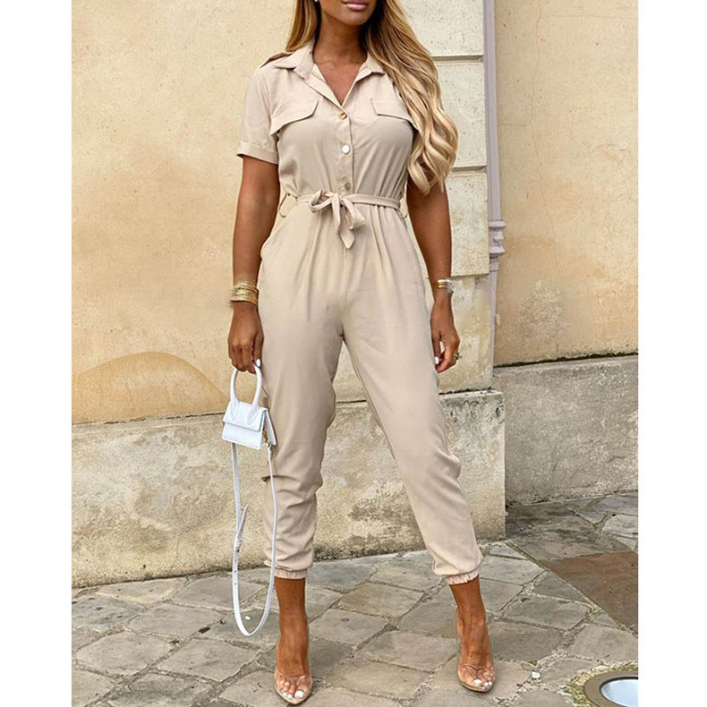 Casual Lapel Buckle Printed Belt Workwear Jumpsuit Wholesale Jumpsuits