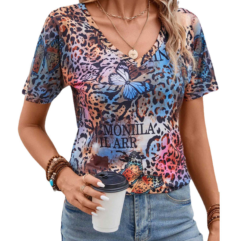 Leopard Butterfly Print V-Neck Short Sleeve T-Shirt Wholesale Womens Clothing N3824022600052