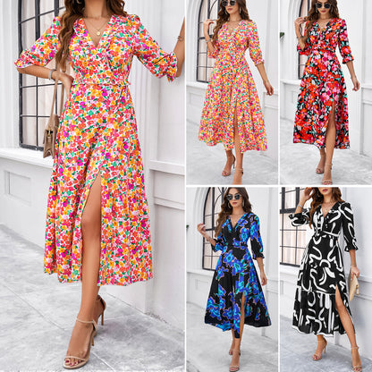 Holiday Casual Printed  V-Neck Dresses Wholesale Womens Clothing N3824040700280