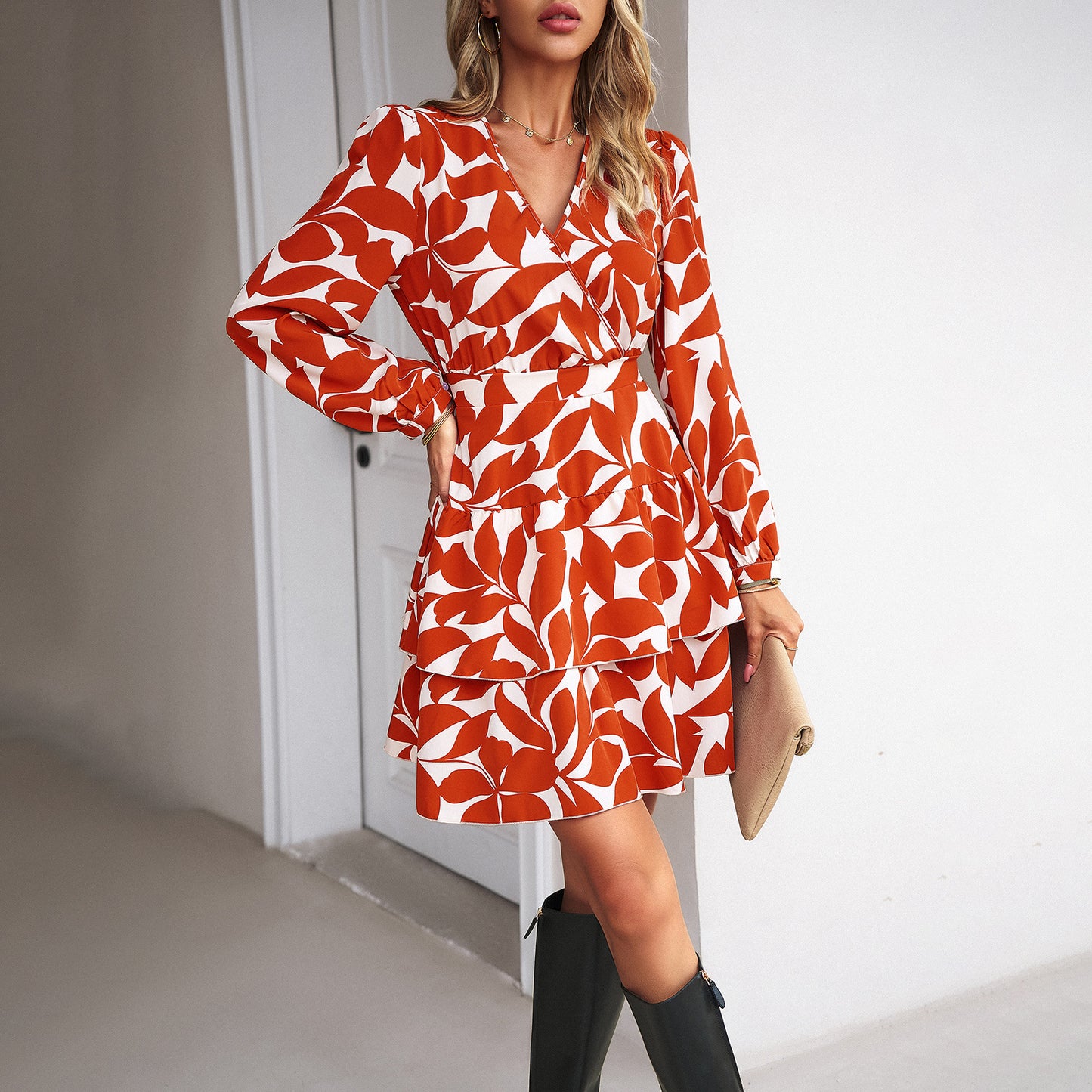 Casual Leaf Print V-Neck Bubble Sleeve Dress Wholesale Dresses