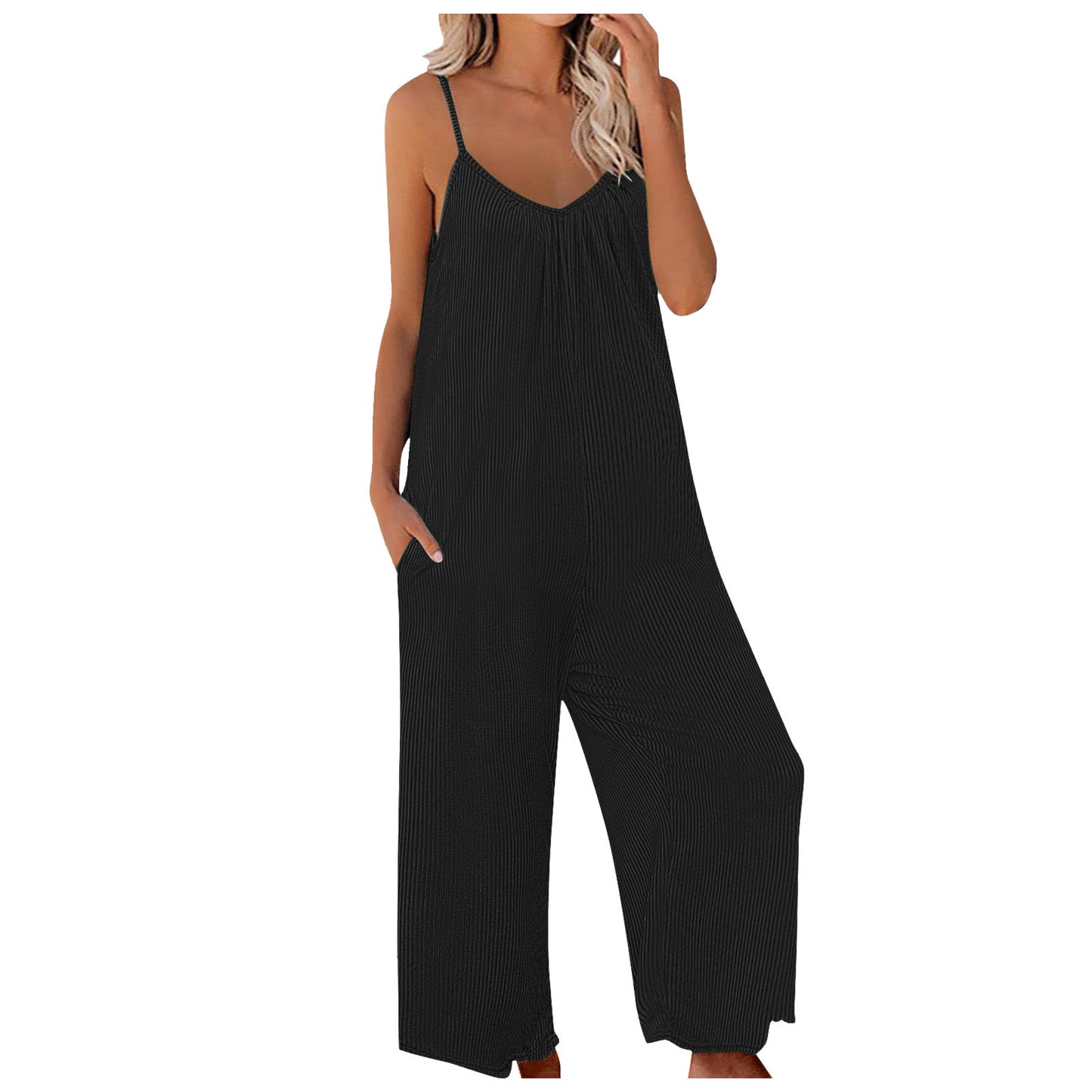 Solid Color Ribbed Pocket Loose Casual Sling Jumpsuit Wholesale Womens Clothing N3824052000017