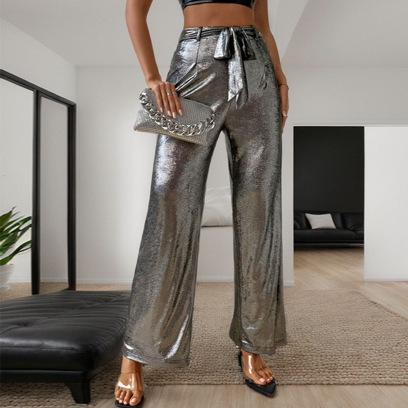 Metallic Straight Pants With Belt Wholesale Womens Clothing N3824050700030