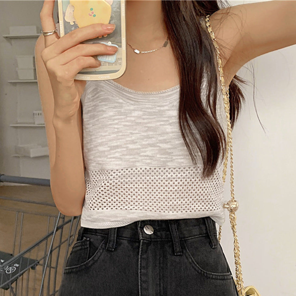 Casual Color Blocking Print Knitted Openwork Camisole Top Wholesale Womens Tops