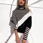 Fashion Batwing Sleeve Colorblocked Stripe Turtleneck Knit Sweater Wholesale Womens Tops