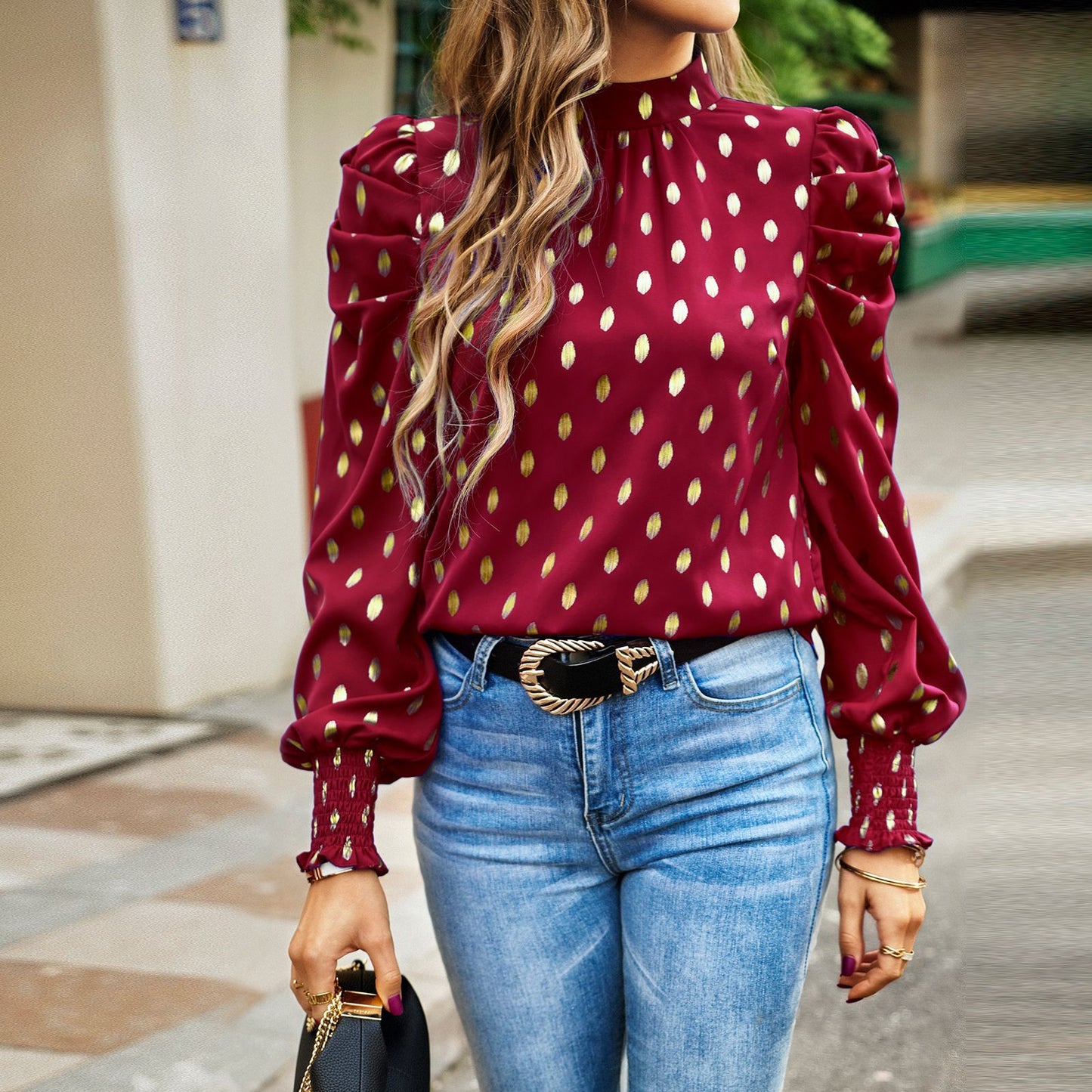 Polka Dot Commuter Round Neck Long Sleeve Shirt Wholesale Women'S Top