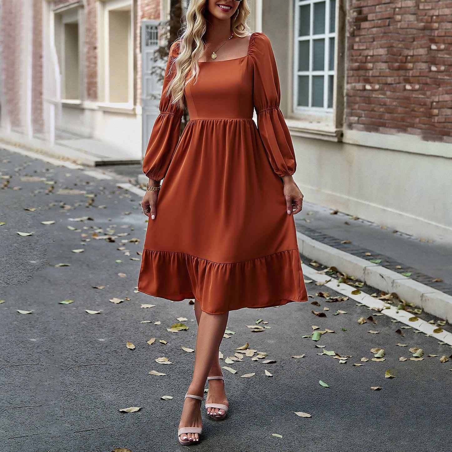 Casual Solid Color Square Neck Long Sleeve Long Dress Wholesale Dresses