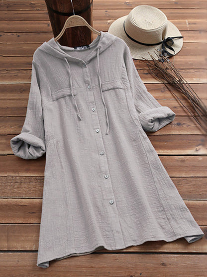 Hooded Loose Button Mid Length Long Sleeve Shirts Wholesale Womens Clothing N3824091200014