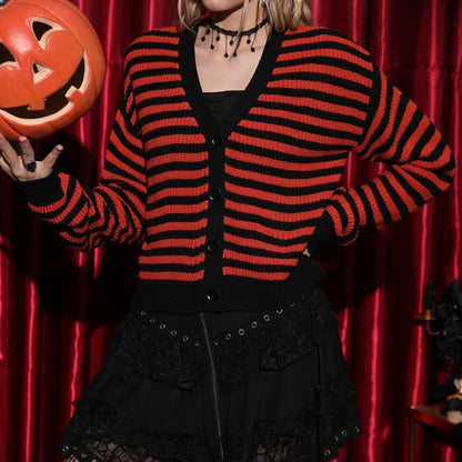 Long Sleeve Halloween Sweater Pumpkin Colour Stripe V Knit Cardigan Wholesale Womens Clothing N3824091200148