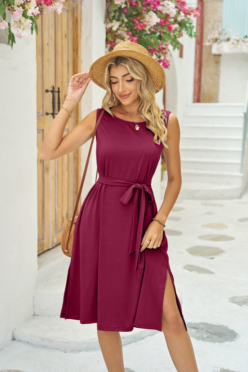 Sleeveless Belted Pocket Slit Midi Tank Dresses Wholesale Womens Clothing N3824070900029