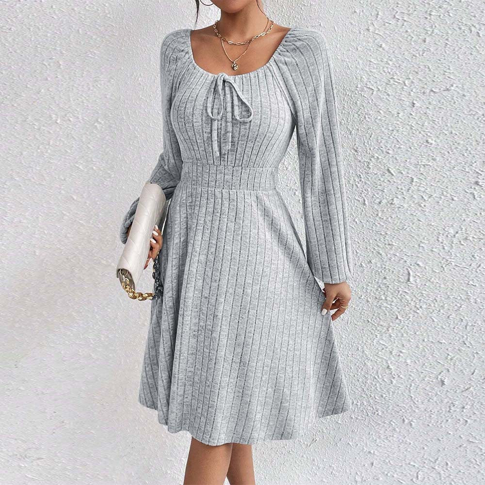 Square Neck Waist Ribbed Long Sleeve Dresses Wholesale Womens Clothing N3824072000221