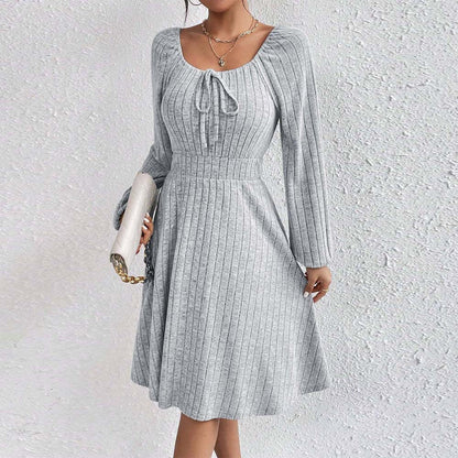 Square Neck Waist Ribbed Long Sleeve Dresses Wholesale Womens Clothing N3824072000221