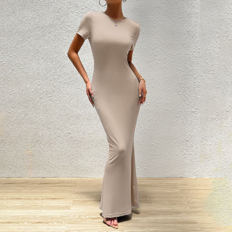 Elegant Solid Colour Round Neck Short Sleeve Slimming Dress Wholesale Dresses