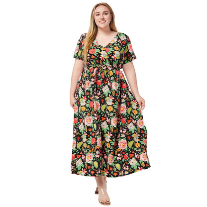 Plus Size V Neck Short Sleeve Printed Swing Bohemian Dress Wholesale Womens Clothing N3824080300028