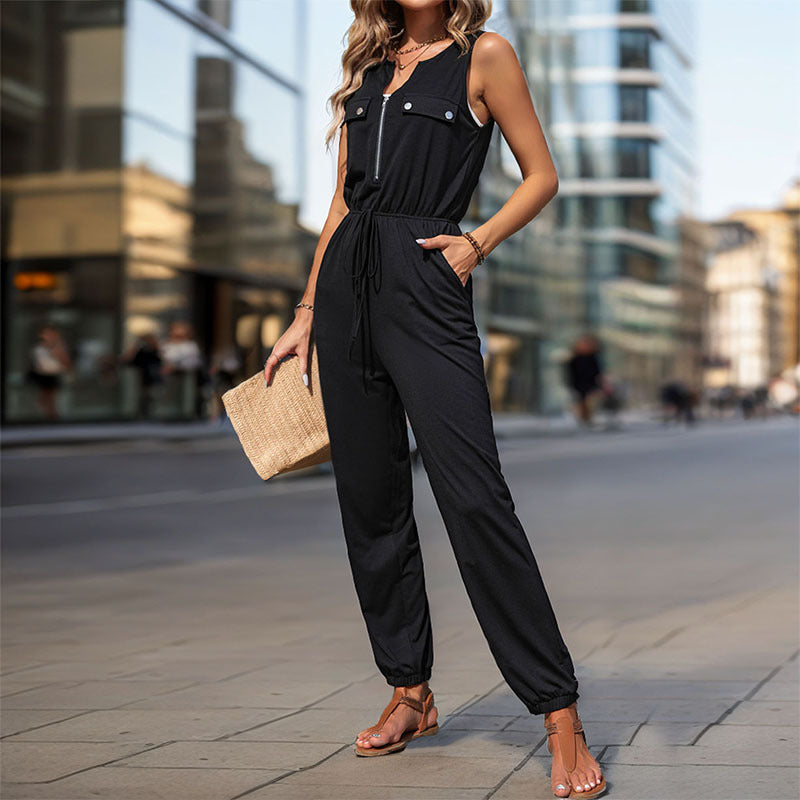 Black Sleeveless Zip Jumpsuits Wholesale Womens Clothing N3824041600022