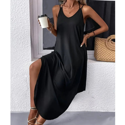 Slim Halter Sexy Maxi Dresses Suspender V Neck Irregular Hem Wholesale Womens Clothing N3824040700301