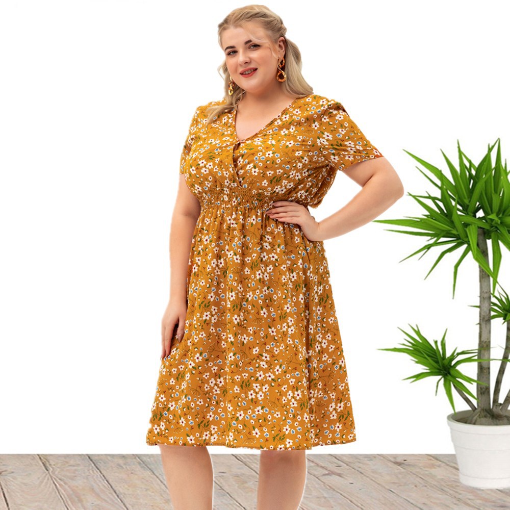 Plus Size Short Sleeve Floral Printed Midi Dresses Wholesale Womens Clothing N3824080300045