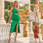 Solid Color Slanted Shoulder Halterneck Waist Slit Pleated Dresses Wholesale Womens Clothing N3824041600029