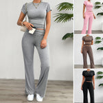 Casual Solid Color Slim Fit Short Sleeve Tops Long Pants Sets Wholesale Womens Clothing N3824042900036
