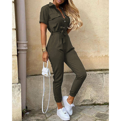 Casual Lapel Buckle Printed Belt Workwear Jumpsuit Wholesale Jumpsuits