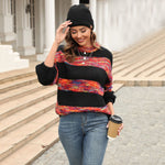 Fashion Long Sleeve Color Block Stripe Crew Neck Pullover Sweater Wholesale Womens Tops