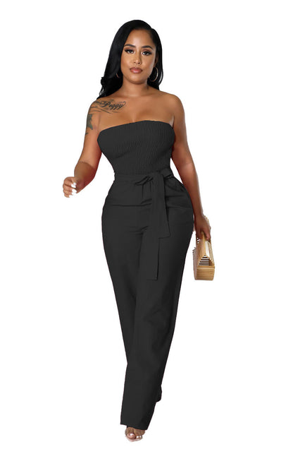 Off-Shoulder Smocked Solid Color High Waist Jumpsuit Wholesale Womens Clothing N3824071000022