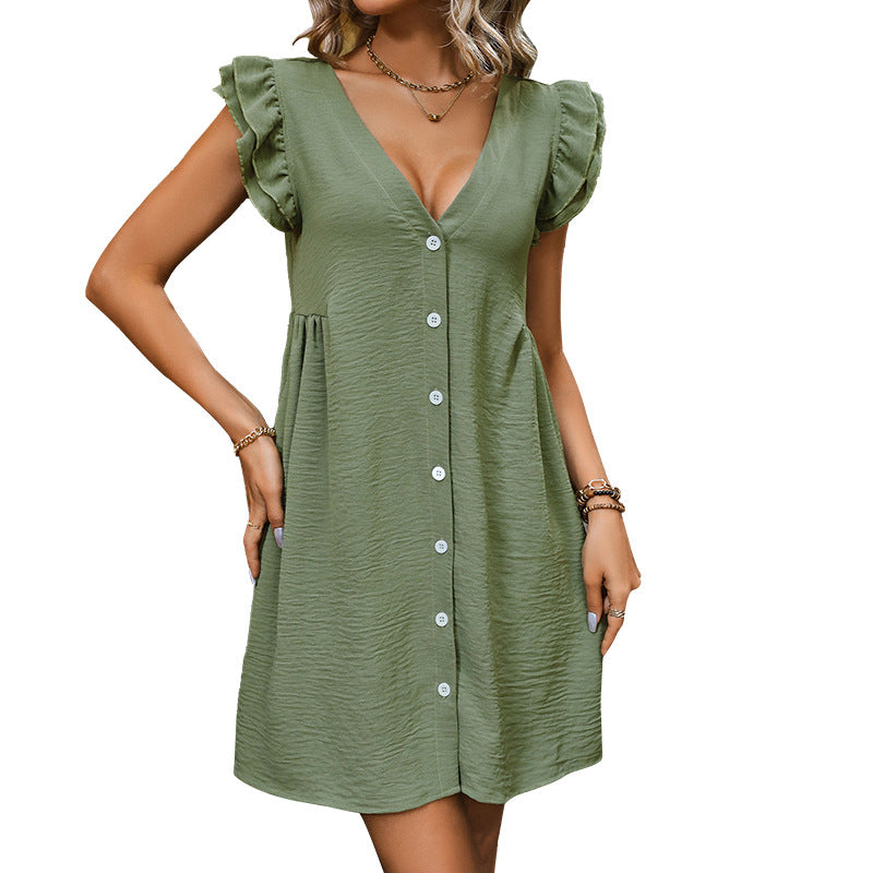 Sleeveless Solid Color V-Neck Button-Up Dress Wholesale Womens Clothing N3824022600066