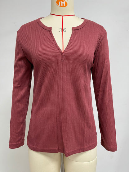 Loose V-Neck Long-Sleeved Solid Color Casual T-Shirts Wholesale Womens Clothing N3824091200017