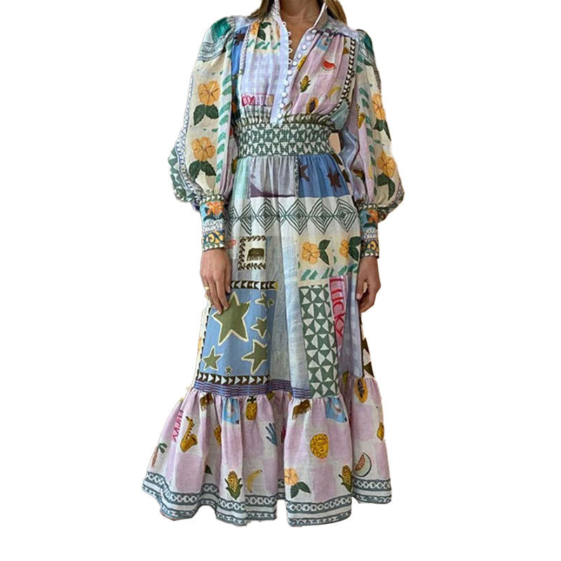 Fashion Fruit Painted Long Sleeve Half High Neck Dress Wholesale Dresses