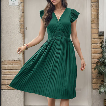 Pleated Short Sleeve Solid Color Dresses Wholesale Womens Clothing N3824050700023