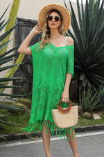 Fashion Solid Color V-Neck Tassel Hollow Knit Dress Wholesale Dresses
